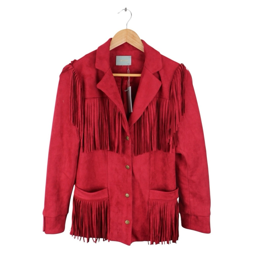 Skies Are Blue Fringe Western Jacket Red Faux Suede Snap Front Women's Medium